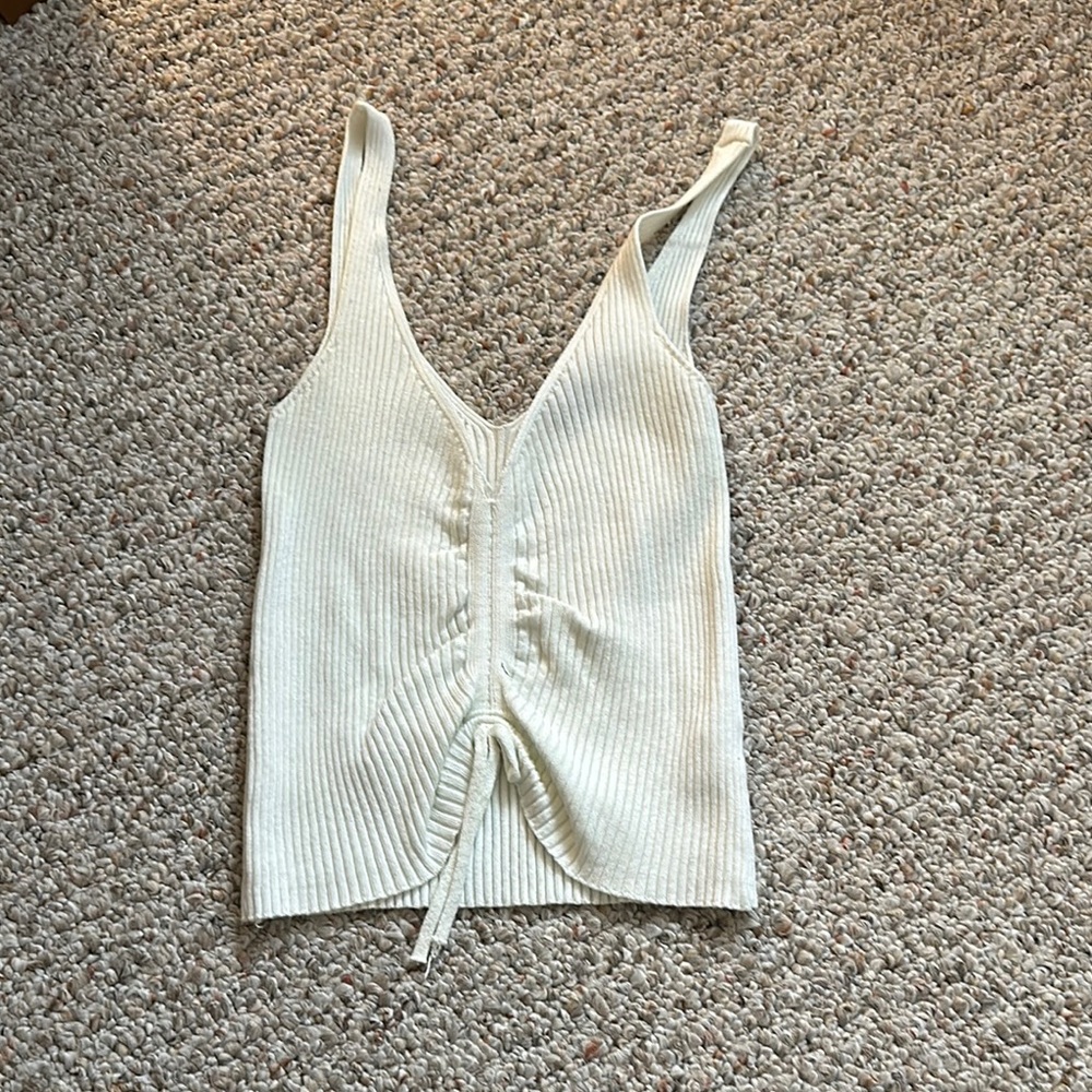 Cream Ribbed Tank Top with Ruched Tie Front